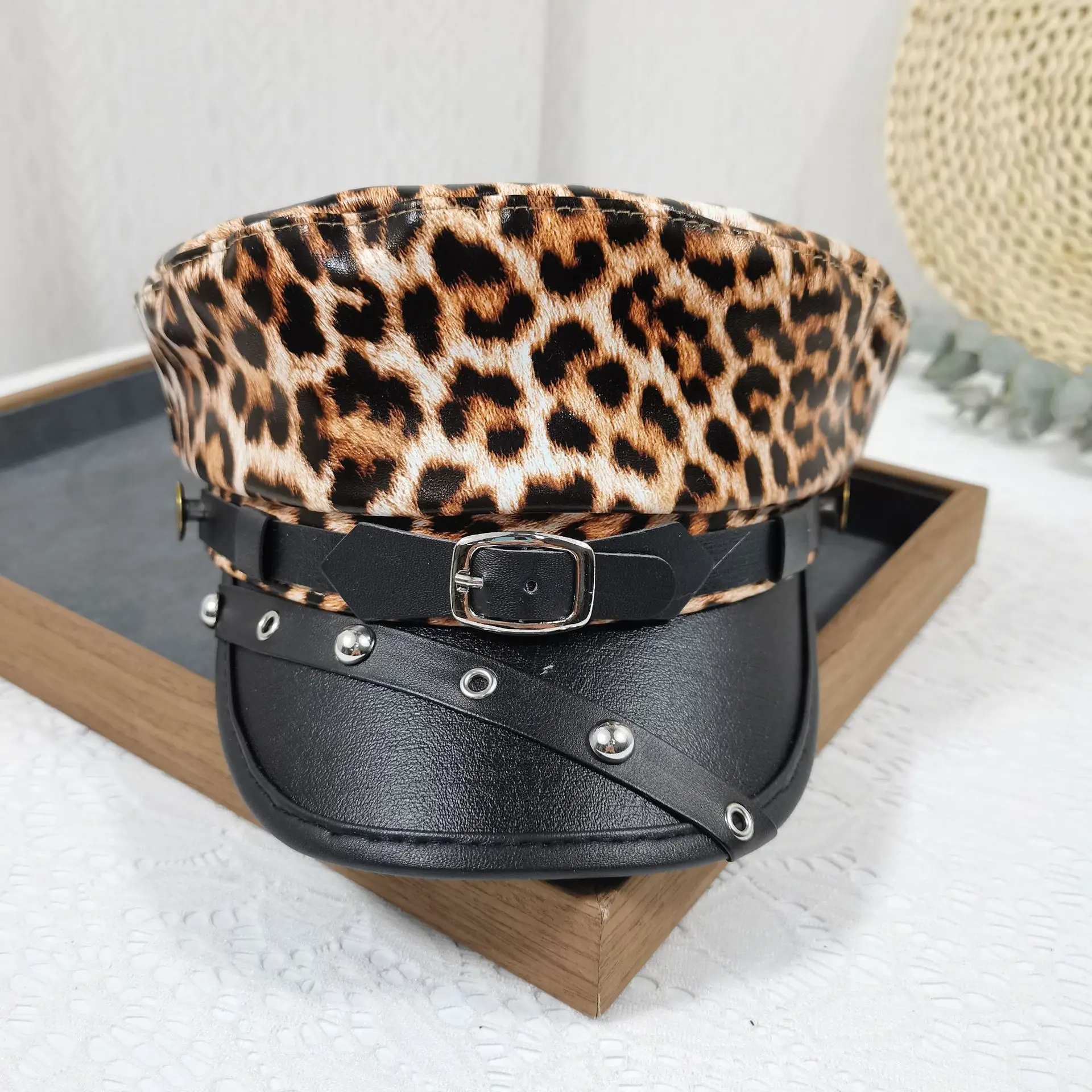 Navy Leather Rivet Flat Cap Belt Buckle Retro Peaked Cap