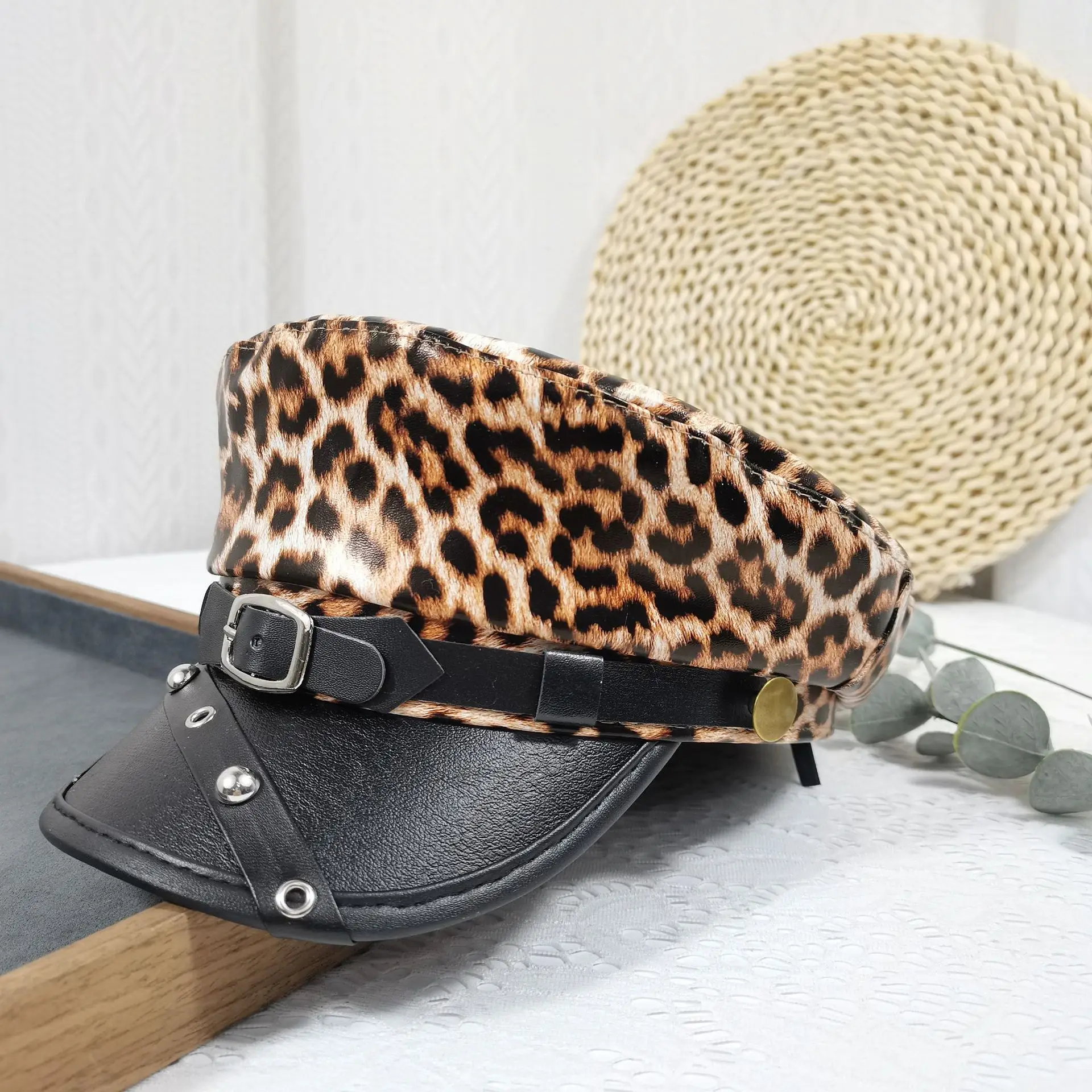 Navy Leather Rivet Flat Cap Belt Buckle Retro Peaked Cap