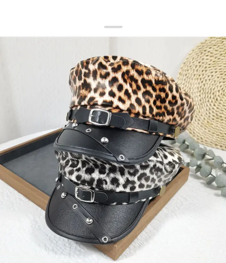 Navy Leather Rivet Flat Cap Belt Buckle Retro Peaked Cap — feature 6