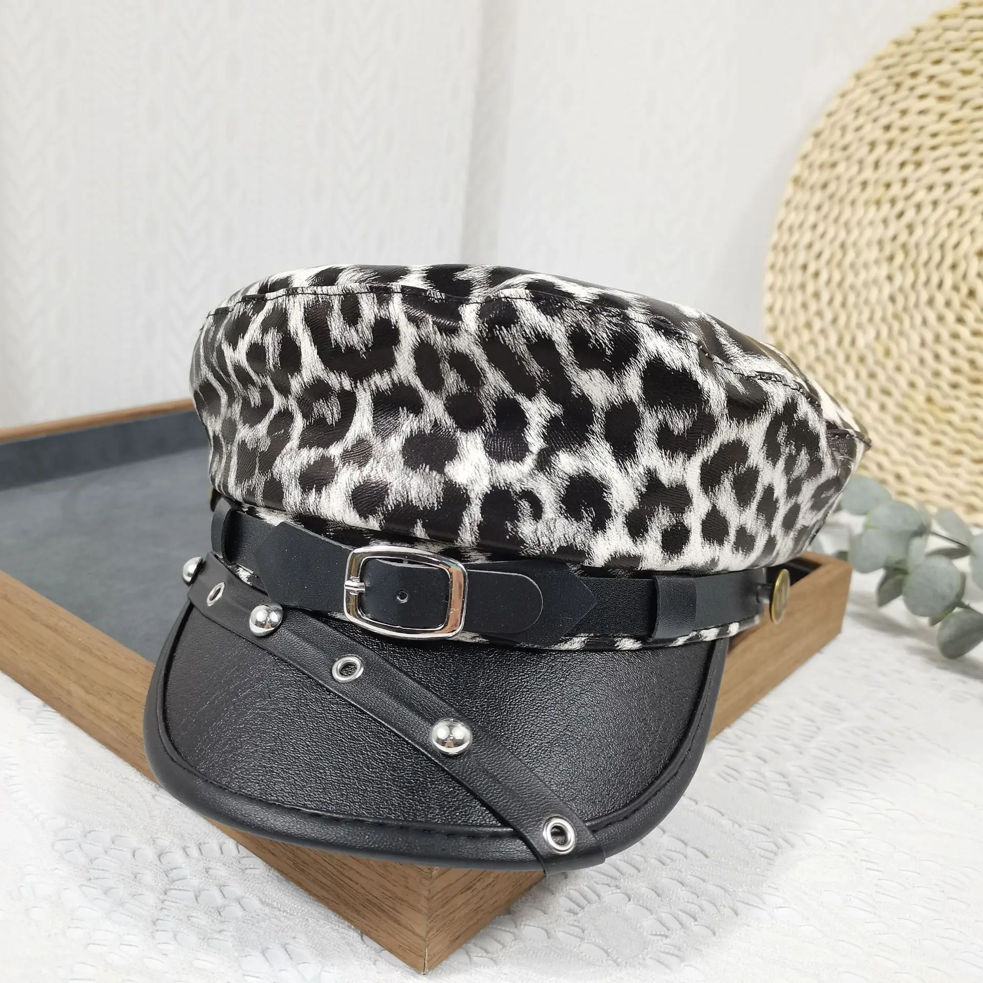 Navy Leather Rivet Flat Cap Belt Buckle Retro Peaked Cap