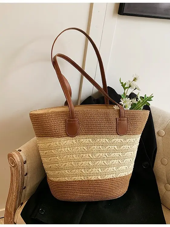 Women's Woven Straw Bucket Bag Large Capacity Tan - Image 6