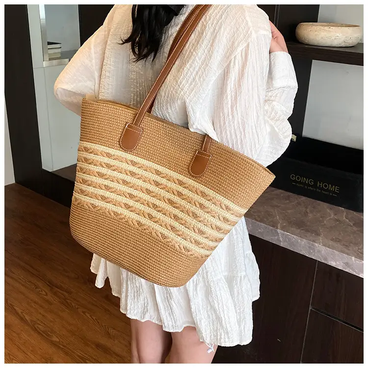 Women's Woven Straw Bucket Bag Large Capacity Tan — feature 21