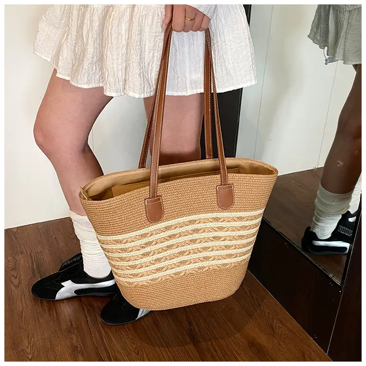 Women's Woven Straw Bucket Bag Large Capacity Tan — feature 23