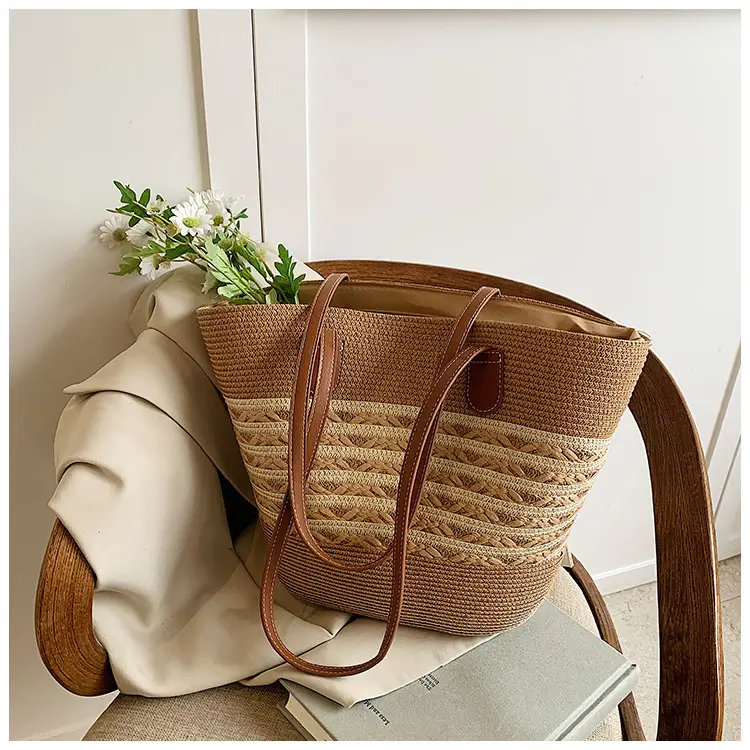 Women's Woven Straw Bucket Bag Large Capacity Tan — feature 39
