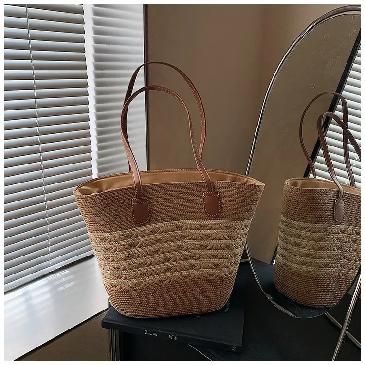 Women's Woven Straw Bucket Bag Large Capacity Tan — feature 42