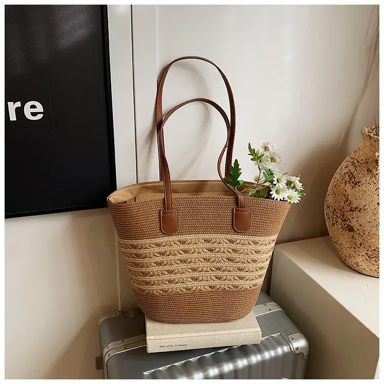 Women's Woven Straw Bucket Bag Large Capacity Tan - Image 2