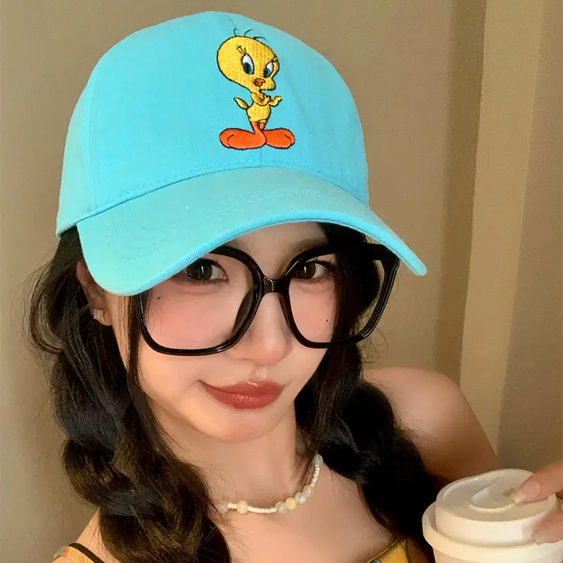 Women Blue Embroidered Baseball Cap with Tom Cat Design