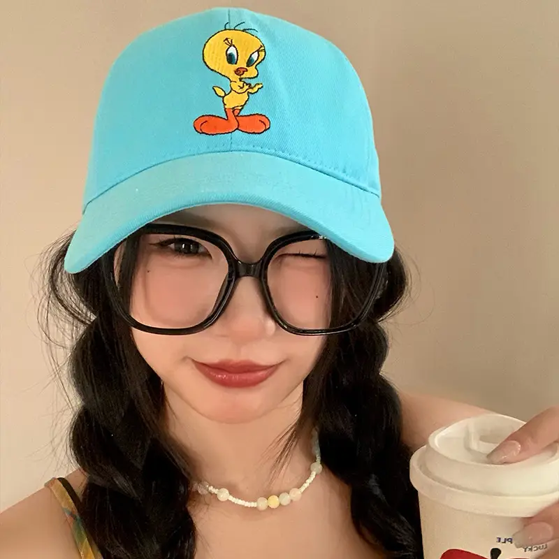 Women Blue Embroidered Baseball Cap with Tom Cat Design
