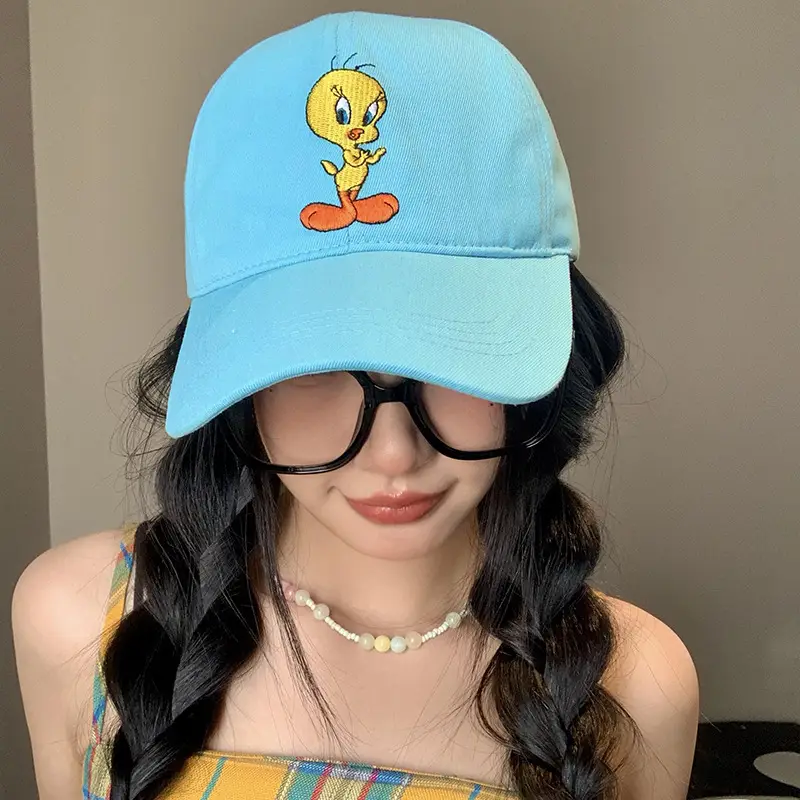 Women Blue Embroidered Baseball Cap with Tom Cat Design