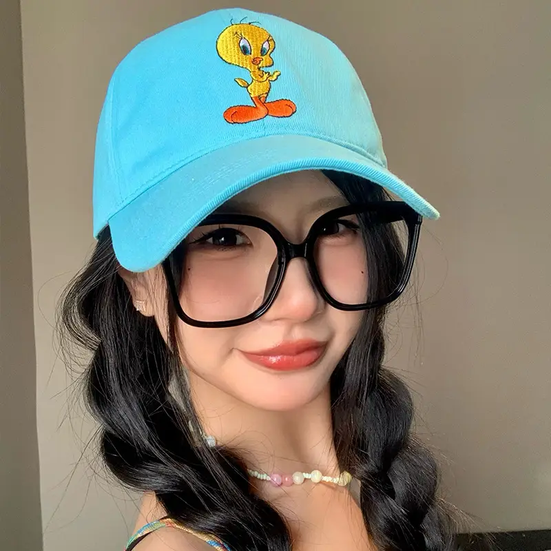 Women Blue Embroidered Baseball Cap with Tom Cat Design