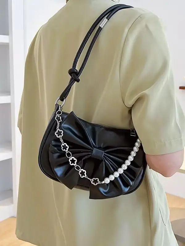 Women's White Pearl Chain Bow Crossbody Bag - Image 5