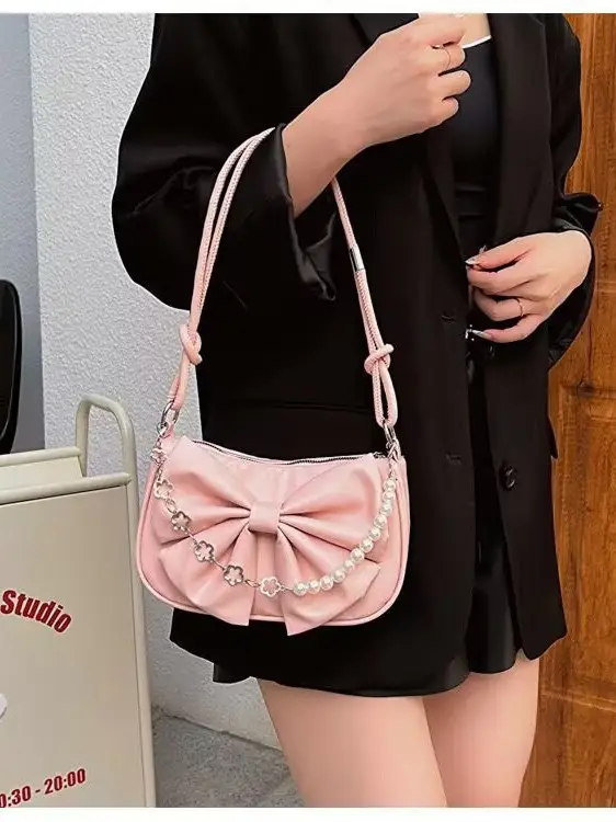 Women's White Pearl Chain Bow Crossbody Bag - Image 6