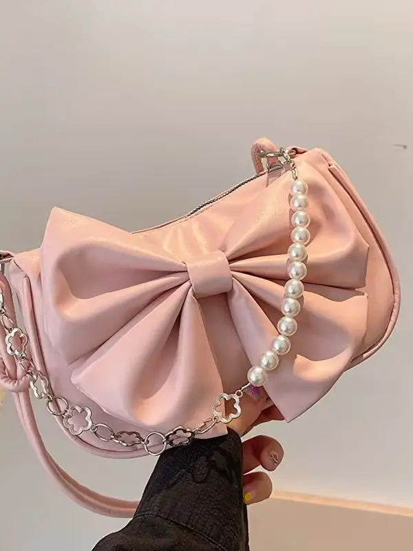 Women's White Pearl Chain Bow Crossbody Bag - Image 7