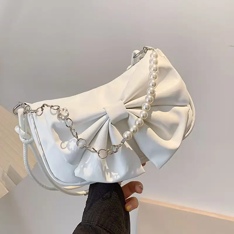 Women's White Pearl Chain Bow Crossbody Bag - Image 2