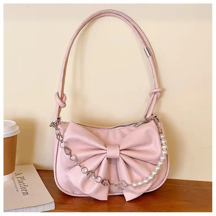 Women's White Pearl Chain Bow Crossbody Bag - Image 3