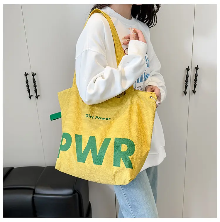 Women's Yellow PWR Drawstring Shoulder Bag Large Capacity - Image 3