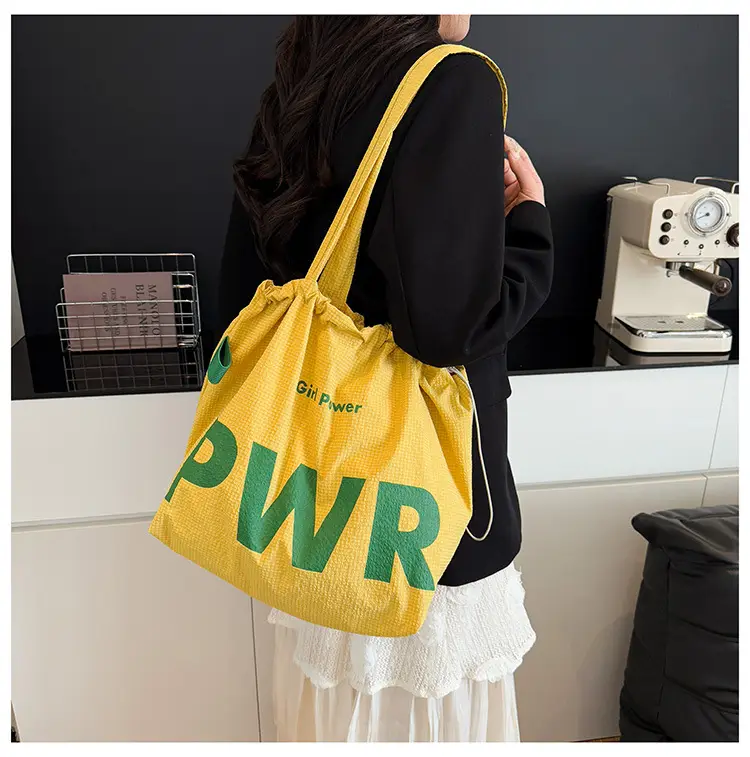 Women's Yellow PWR Drawstring Shoulder Bag Large Capacity — feature 14
