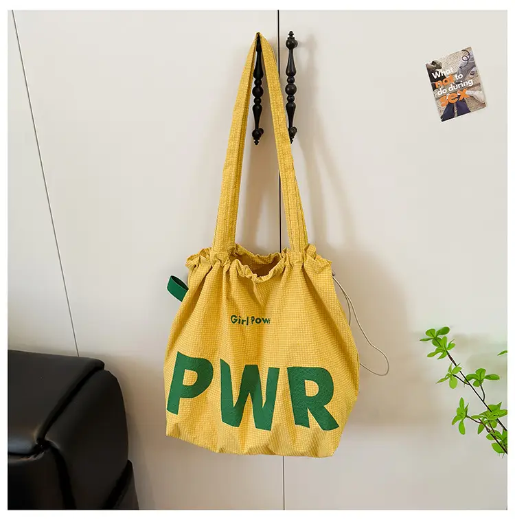 Women's Yellow PWR Drawstring Shoulder Bag Large Capacity - Image 2