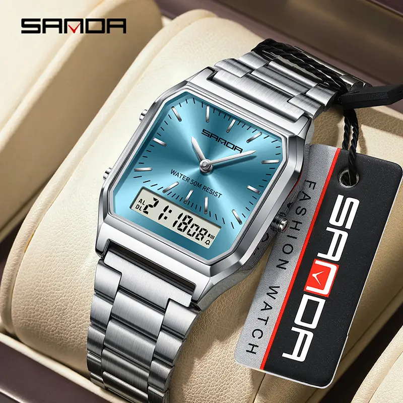 Sanda Digital Display Square Watch Silver Steel Band - Image 7
