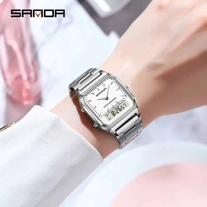 Sanda Digital Display Square Watch Silver Steel Band - Image 9