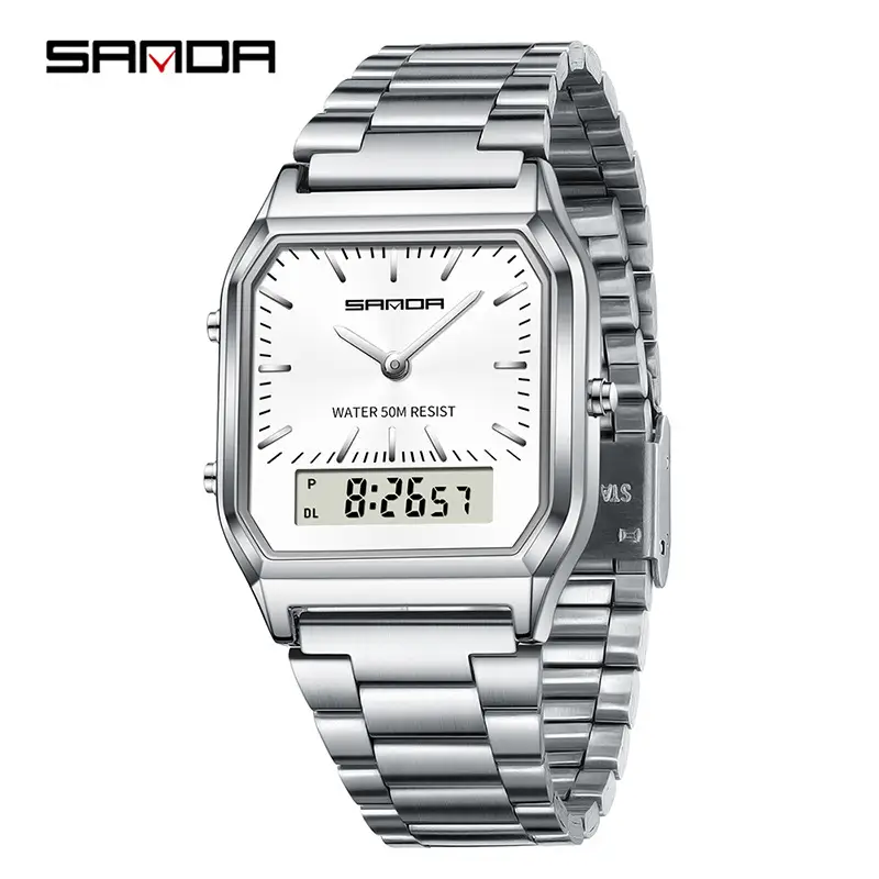 Sanda Digital Display Square Watch Silver Steel Band - Image 3