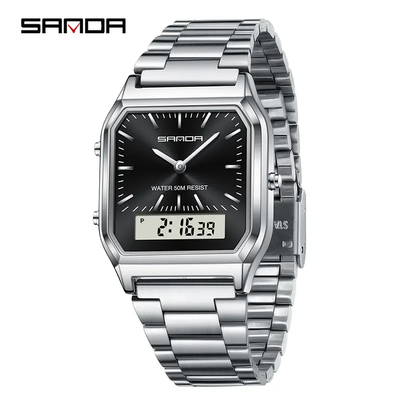 Sanda Digital Display Square Watch Silver Steel Band - Image 5
