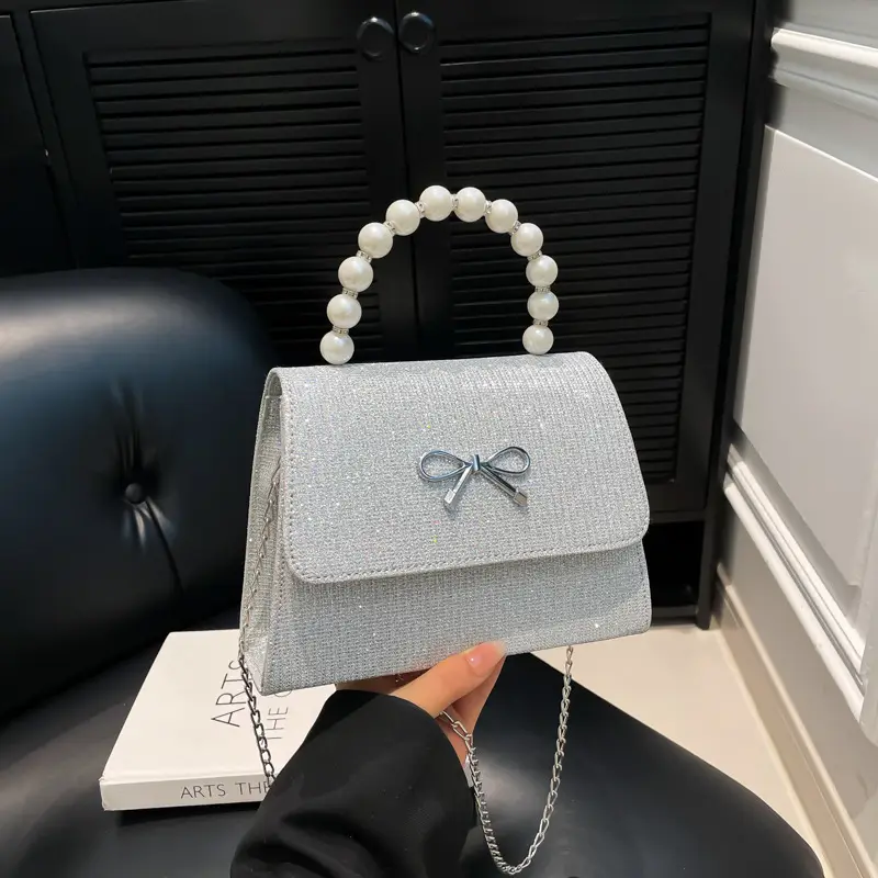 Textured Bow Bag for Women, 5 Colors, Pearl Chain, Shoulder Crossbody - Image 2