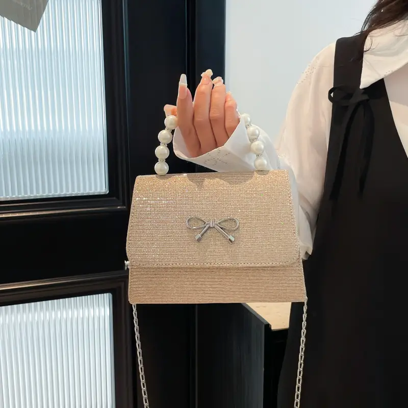 Textured Bow Bag for Women, 5 Colors, Pearl Chain, Shoulder Crossbody - Image 3