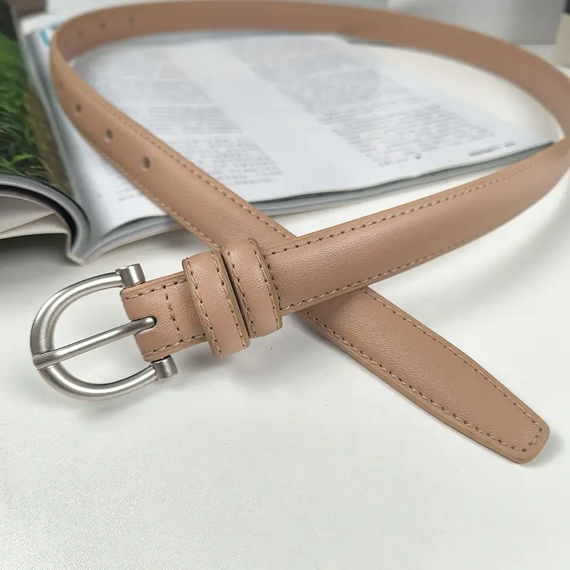 Women's Beige Leather Belt with Metal Buckle - Image 3