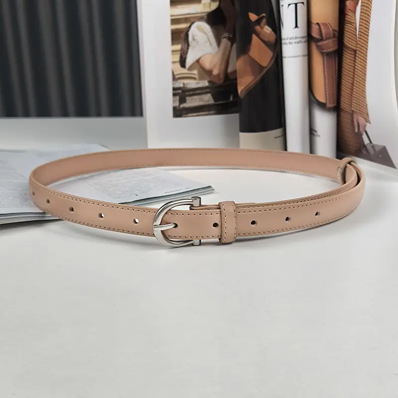 Women's Beige Leather Belt with Metal Buckle - Image 4