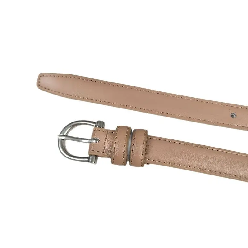 Women's Beige Leather Belt with Metal Buckle - Image 5