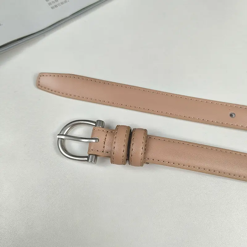 Women's Beige Leather Belt with Metal Buckle — feature 6