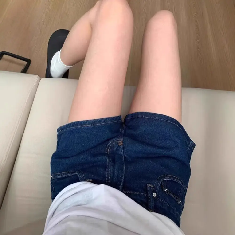 Dark Blue Washed Jeans Women's Low Waist Slim Shorts