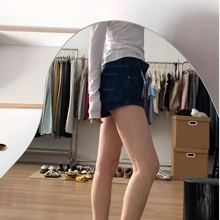 Dark Blue Washed Jeans Women's Low Waist Slim Shorts — feature 14
