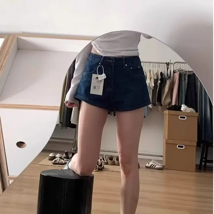 Dark Blue Washed Jeans Women's Low Waist Slim Shorts — feature 17