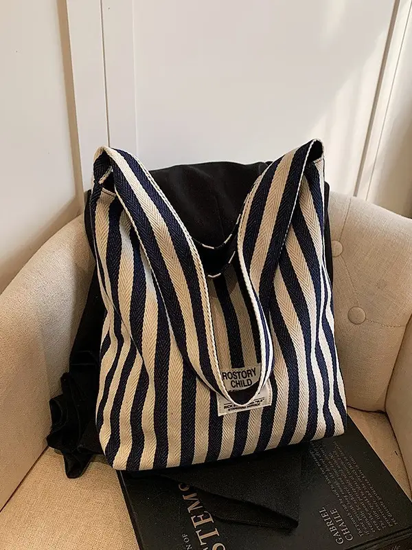 Women Striped Canvas Shoulder Bag 2024 New Commute Lightweight Tote - Image 5