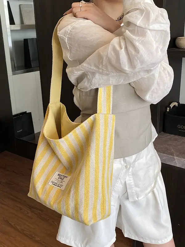 Women Striped Canvas Shoulder Bag 2024 New Commute Lightweight Tote - Image 6
