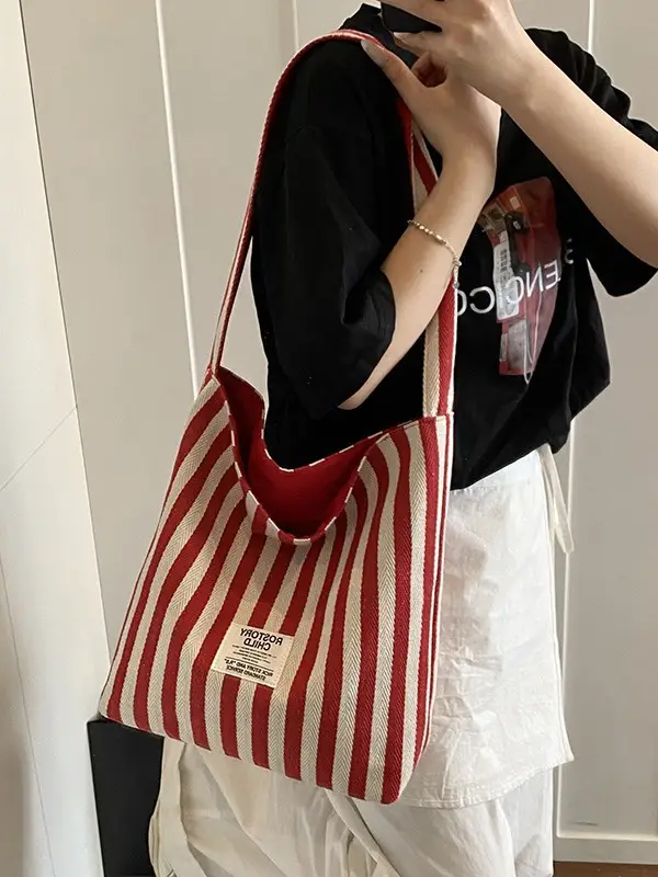 Women Striped Canvas Shoulder Bag 2024 New Commute Lightweight Tote - Image 7