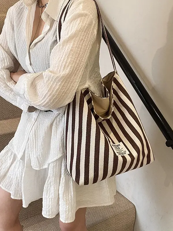 Women Striped Canvas Shoulder Bag 2024 New Commute Lightweight Tote - Image 8