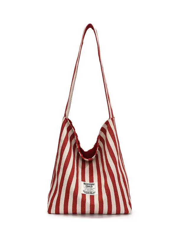 Women Striped Canvas Shoulder Bag 2024 New Commute Lightweight Tote - Image 9