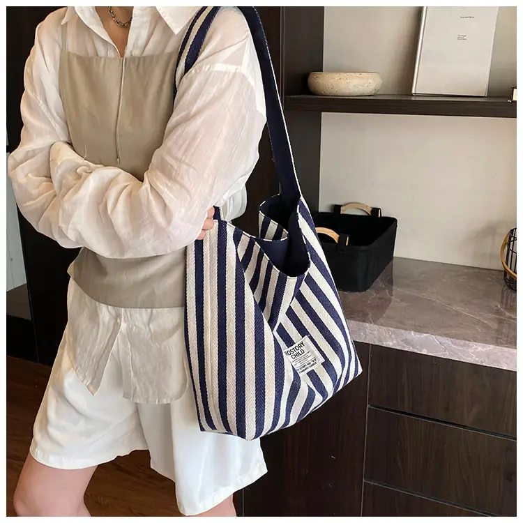 Women Striped Canvas Shoulder Bag 2024 New Commute Lightweight Tote — feature 10