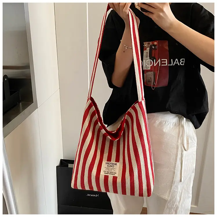 Women Striped Canvas Shoulder Bag 2024 New Commute Lightweight Tote — feature 11