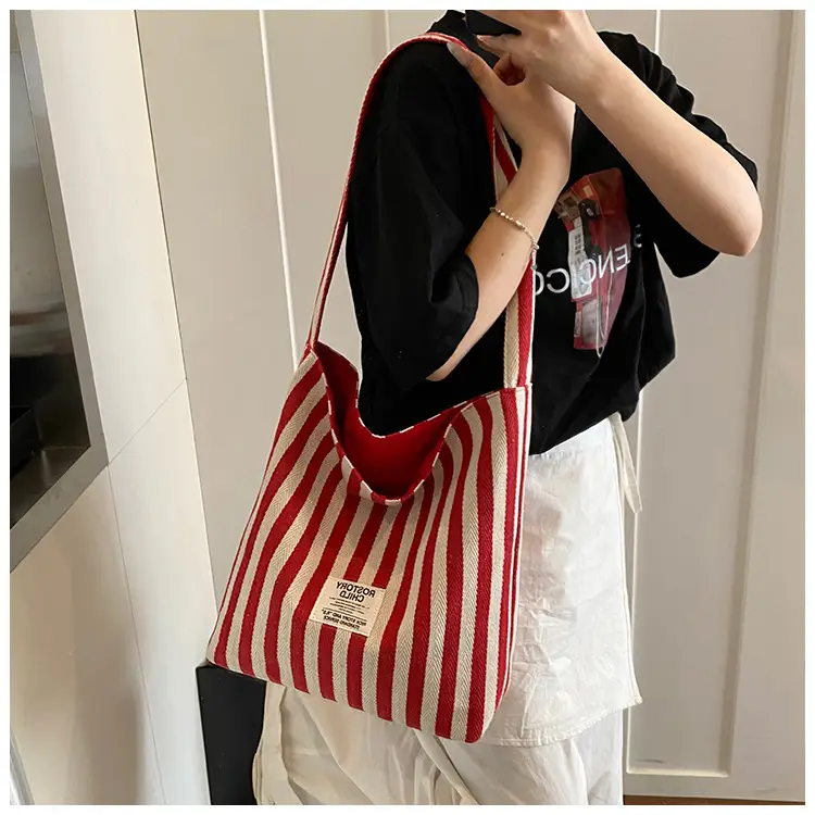 Women Striped Canvas Shoulder Bag 2024 New Commute Lightweight Tote — feature 12