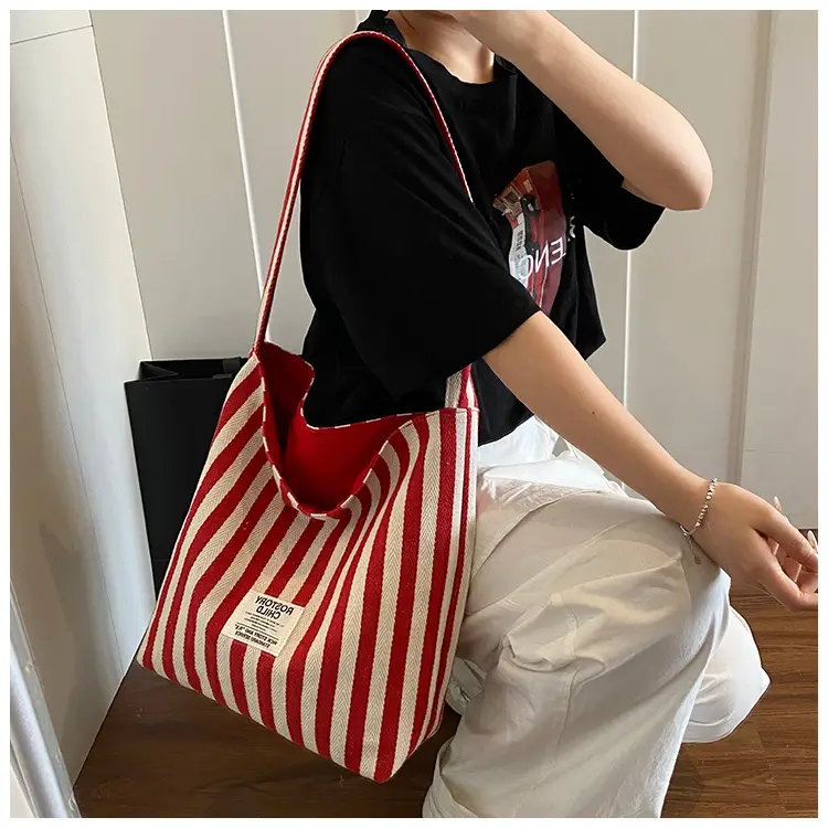 Women Striped Canvas Shoulder Bag 2024 New Commute Lightweight Tote — feature 13
