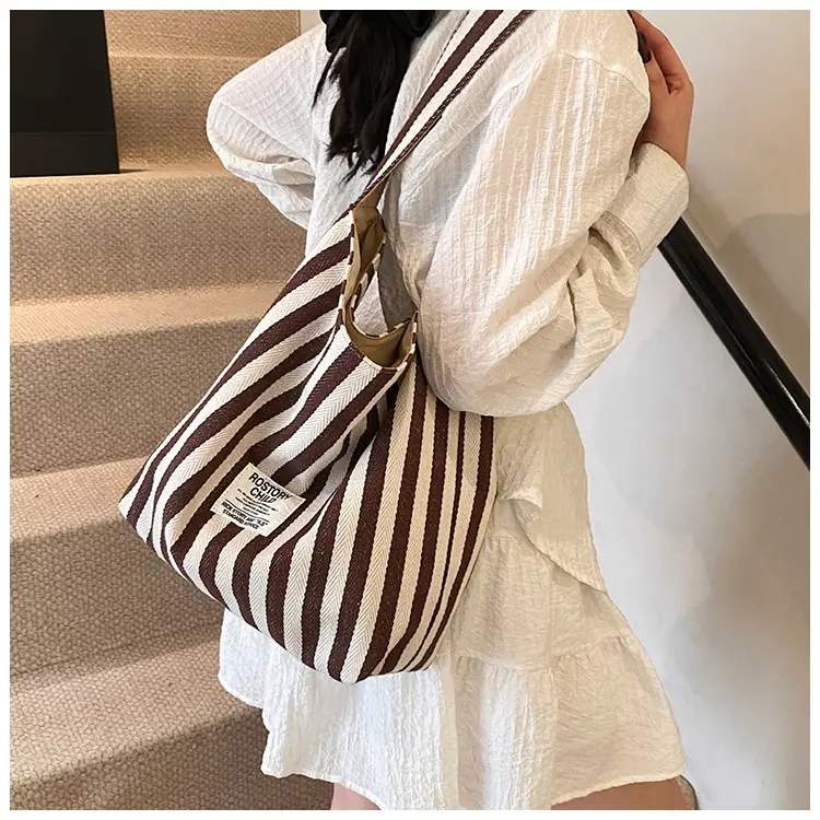 Women Striped Canvas Shoulder Bag 2024 New Commute Lightweight Tote — feature 14