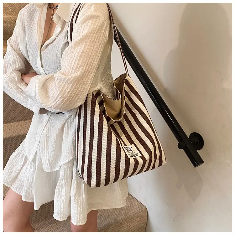 Women Striped Canvas Shoulder Bag 2024 New Commute Lightweight Tote — feature 15