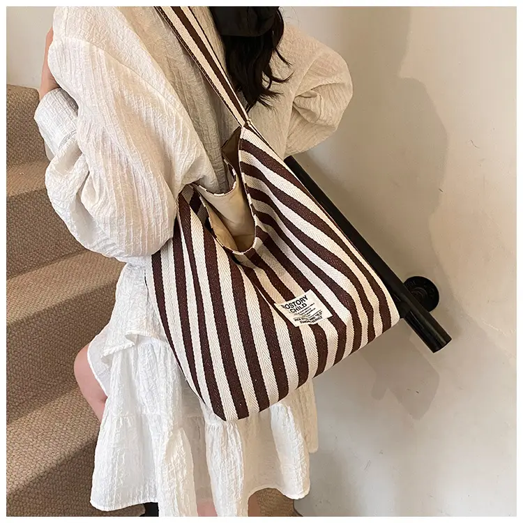 Women Striped Canvas Shoulder Bag 2024 New Commute Lightweight Tote — feature 16