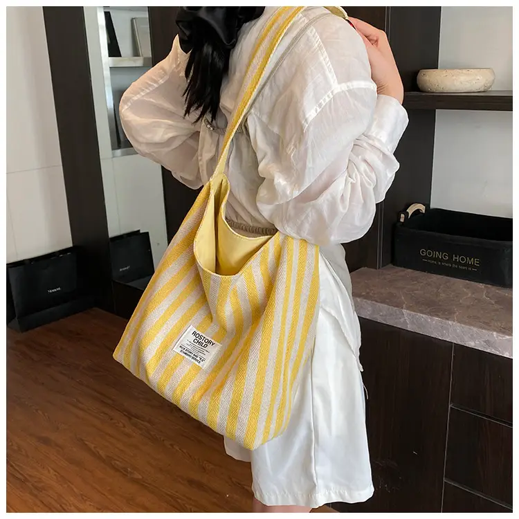 Women Striped Canvas Shoulder Bag 2024 New Commute Lightweight Tote — feature 17