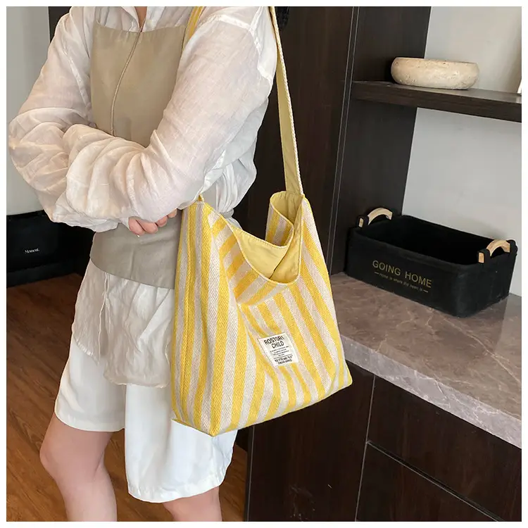 Women Striped Canvas Shoulder Bag 2024 New Commute Lightweight Tote — feature 18