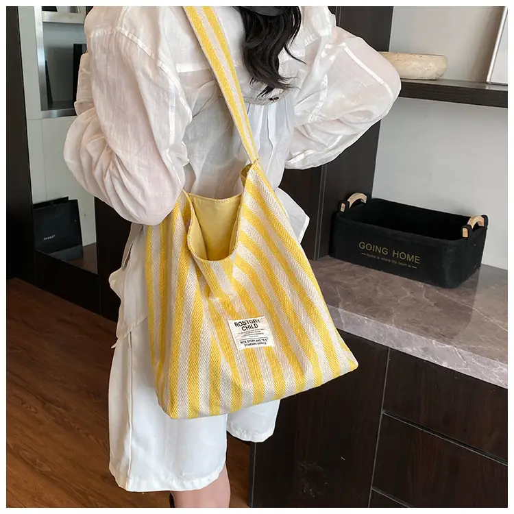 Women Striped Canvas Shoulder Bag 2024 New Commute Lightweight Tote — feature 19